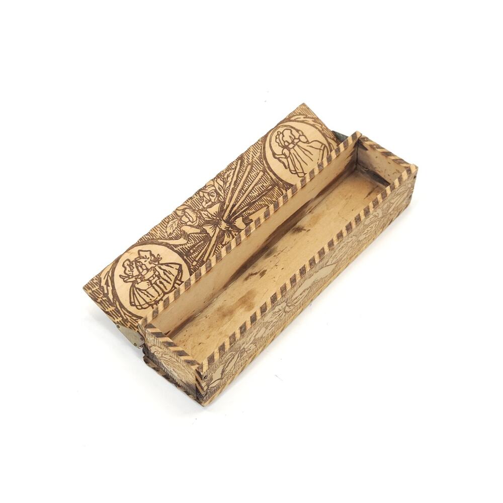 Antique Burnt Wood Flemish Pyrography Box Handmade Brass Art Nouveau Trinket 8x2